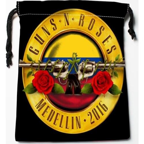 New Arrival Guns N' Roses Drawstring Bags Print 18X22CM Soft Satin Fabric Resuable Storage Storage Clothes Bag Shoes Bags