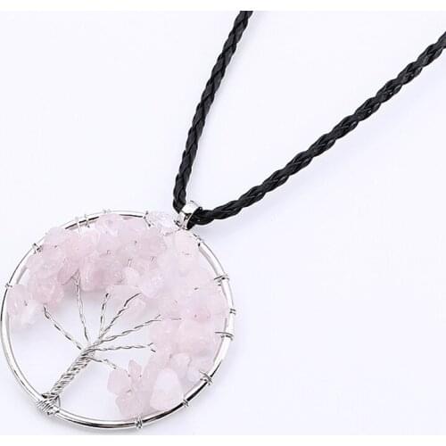 Crystal Life Tree Pendant Chakra Stone Rainbow Pink Statement Charm Necklaces For Women Men Jewelry Silver Color Chain Choker