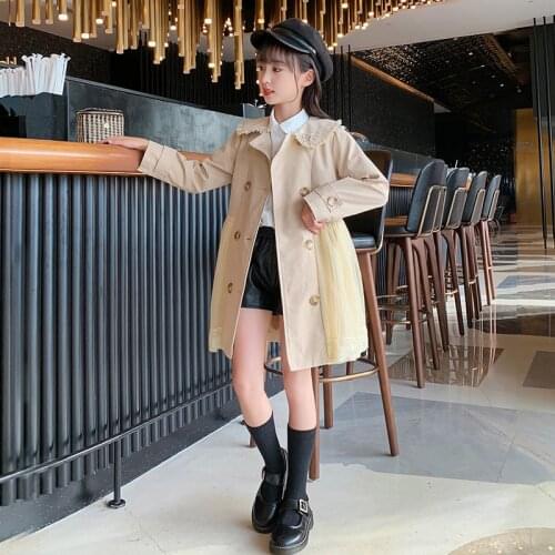Girls' Trench Coat 2021 Fall New Teenage Girl Khaki Maxi Long Mesh Patchwork Windbreaker Top Kids Clothing Outwear Clothes
