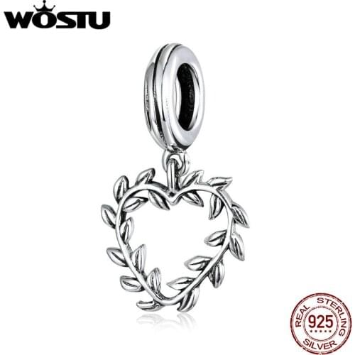 WOSTU Heart Pendant 925 Sterling Silver Peace Olives Leaves Wave Charms Beads fit Bracelets Necklaces Silver Jewelry CQC1520