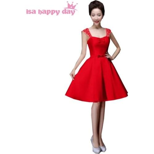 Robe de soiree sleeveless satin red bridesmaid elegant spaghetti straps bride dresses short brides maid dress knee high H2902