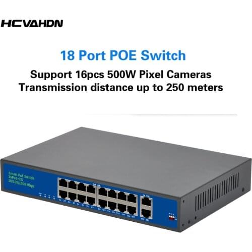 16 Port POE Ethernet Network Switch+2 Port Gigabit Uplink Fast Switch with Metal Shell For CCTV IP Monitoring Camera Power 250M