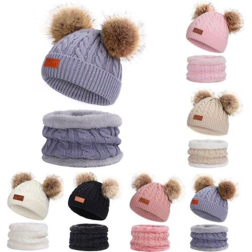 Winter Two Piece Hat and Scarf Set Children Boy Girl Knitted Thicken Warm Cap and Scarf Kids Beanie Bonnet
