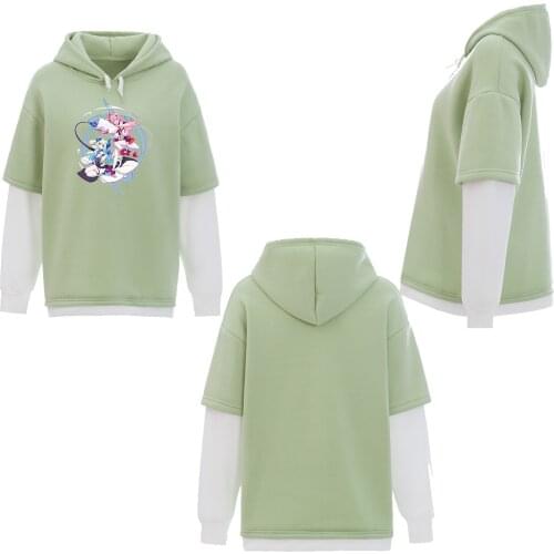 Japanese Anime Graphic Print Sweatshirt Oversize Womens Kawaii Crewneck Long Sleeve Drawstring Color Block Loose Kpop Hoodies