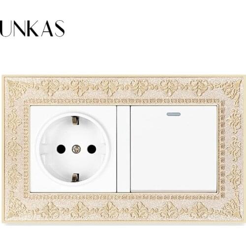 UNKAS 4D Zinc Alloy Metal Panel Russia Spain EU Standard Socket + 1 Gang 1 / 2 Way On / Off Light Switch Embossing Retro Frame