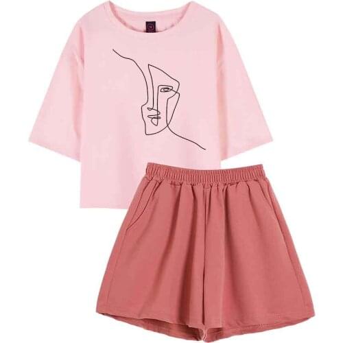 Vintage T Shirt Aesthetic Summer Clothes for Women Two Piece Sets Womens Sleep Tops Plus Size Pajama Shorts Lined Portrait Suit