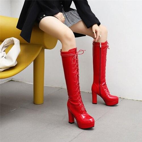 YMECHIC 2020 Winter Patent Pu Leather Red Black White Long Knight Cross Tied Knee High Lace Up Boots Platform High Heel Shoes 43