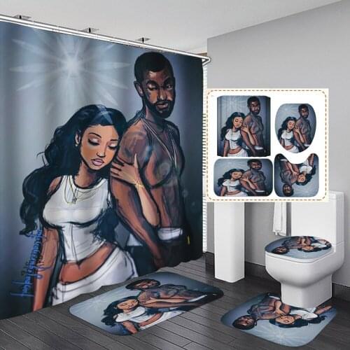 African American Men and Women Fabric Shower Curtain Set Lover Bathroom Curtains Non Slip Rugs Carpet Toilet Flannel Bath Mat