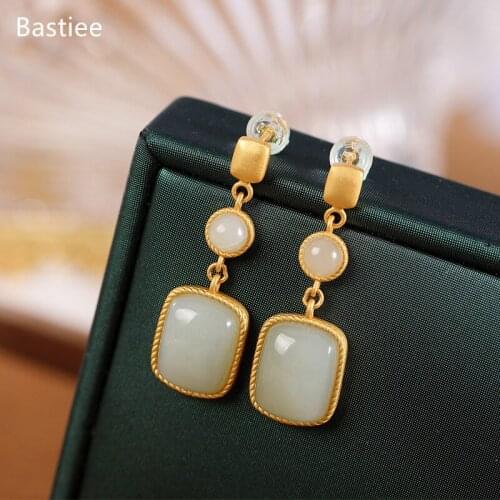 Bastiee Korean Earrings Earrings Silver 925 Jewelry For Women Jade Golden Plated Long Earrings Vintage
