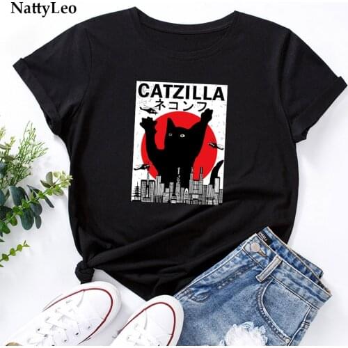 Plus Size Tops Woman TShirts Cartoon Cat Monster Printed T-Shirt Women 100%Cotton O Neck Short Sleeve Tees Summer Women T Shirt