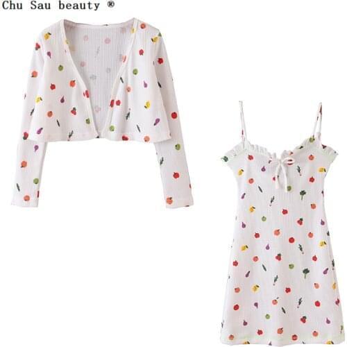 2020 new two pieces suit woman white V-neck long-sleeved sweet slim holiday fruit print knitted cardigan tops + mini strap dress