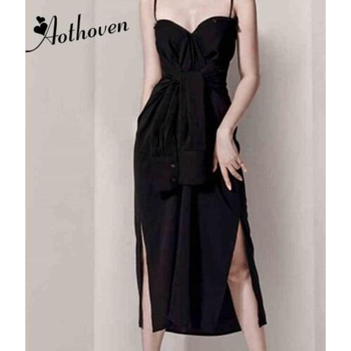 2019 Summer Straight Split Shirt Dresses Black Spaghetti Strap Strapless Women Dress Bandage Sexy Party Vintage Dress Vestidos