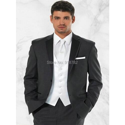 2018 Classic Tailored Charcoal Jacket And White Vest Groom Men Suits For Wedding Tuxedo Groomsmen Suit (Jacket+Pants+Vest+Tie)