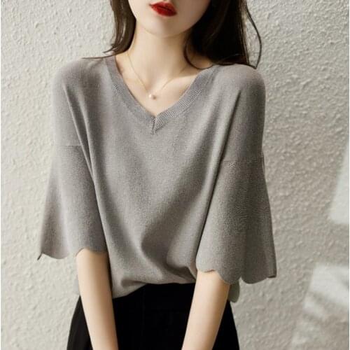 2021 New Woman clothing Thin simple Women Sweater Summer V-Neck Short sleeve Loose Jumper Female Casual Knitted Pullover