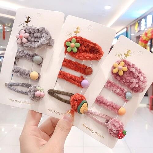 3Pcs/Set Children Cute Colors Flower Fruit Carrot Knitting Plush Hairpins Girls Hollow Waterdrop Hair Clips Kid Hair Accessories