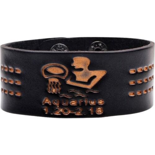 30mm Wide Constellation Black Leather Bracelet For Man Charming Printing Metal Women Bracelets Bangles Adjustable Buttons Jewelr