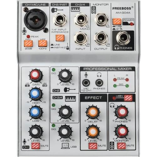 AM-G04A Bluetooth Record Multi-purpose 4 Channels Input Mic Line Insert Stereo USB Playback Professional Audio Mixer