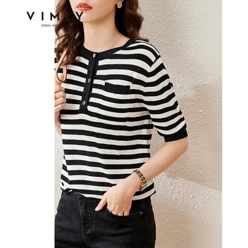 Vimly black & white striped t-shirt for women 2021 loose short sleeve O-neck casual knitted tops summer Office Lady Tshirt F8175