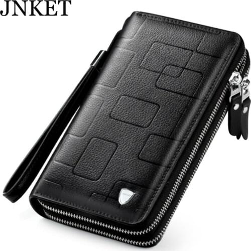 JNKET New Men Cowhide Clutch Wallet Large Capacity Clutch Bag Double Zippers Wallet Multifunction Wallet Handbag