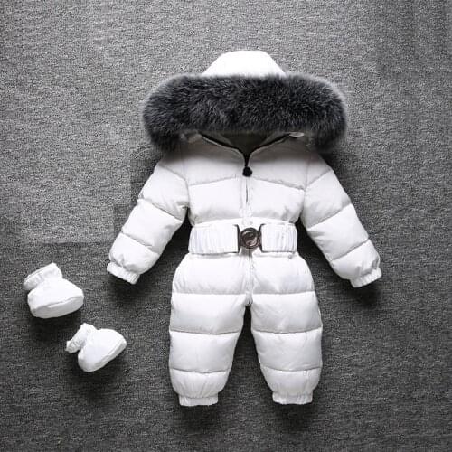 2019 Winter Warm Baby Rompers Jumpsuit Children Duck Down Overalls Toddler Kids Boys Girls Outdoor Fur Hooded Romper Clothes