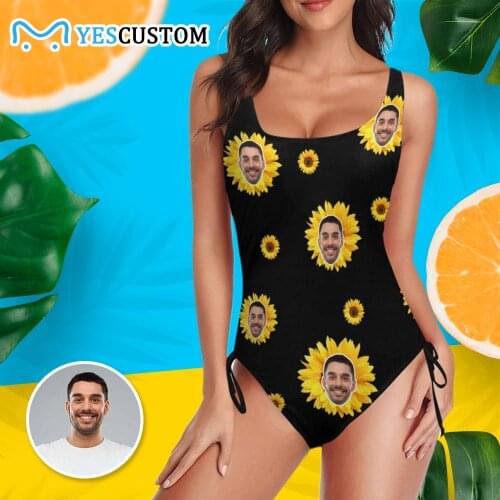 Custom Face Photo Bathing Suit Women Bikini Bra Beach One Piece Yellow Flowers Personalized Drawstring Side Female Gift Swimwear