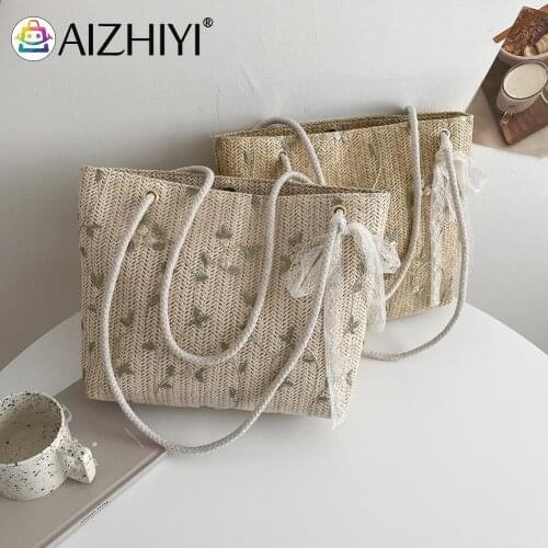 Fashion Women Flower Embroidery Lace Woven Shoulder Shopping Bag Casual Ladies Summer Beach Vacation Large Capacity Tote Handbag