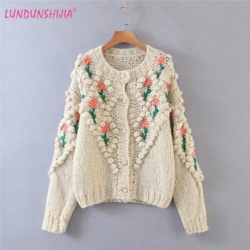 LUNDUNSHIJIA 2019 New Arrival Autumn Winter Elegant Flowers Women Sweaters Handmade Crochet Cute Balls Female Cardigan Coats