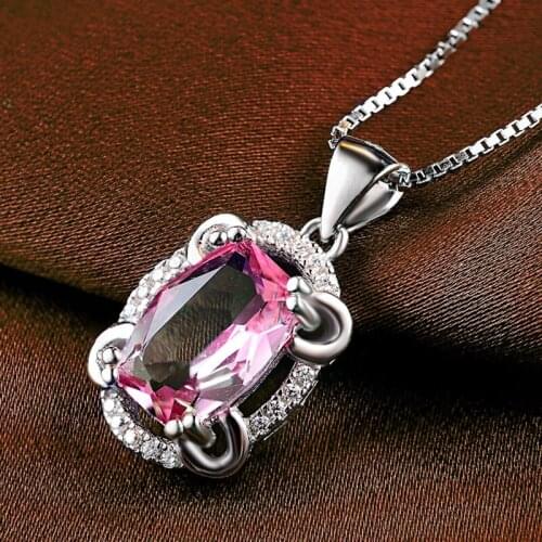 DOYUBO Luxury 925 Sterling Silver Retangle Pendant Necklace With Large Pink Cubic Zirconia Womens Precious Stone Necklace VA036