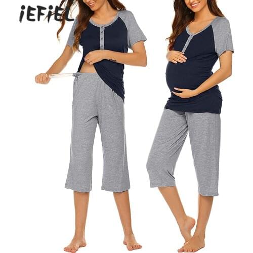 Pregnant Women Pajamas Set Short Sleeve Nursing Sleepwear Nightwear Pregnancy Breastfeeding Maternity Adjustable Size Nightgown