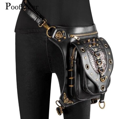 Pooflower Fanny Packs for Women Punk Pu Leather Rivet Men Waist Bag Gothic Running Belt Bag Bum Bag Shoulder Bag heuptasje ZH101