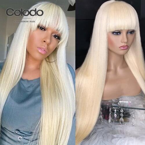 Transparent Lace 613 Lace Frontal Wig With Bangs Platinum Blonde Straight Lace Front Wig Remy Red Pink Wig for Women COLODO