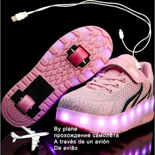 Roller Sneakers for Kids Boys Size 28-40 LED Light Up Shoes with Double Wheels USB Charging Skate Shoes for Children Boys Girls