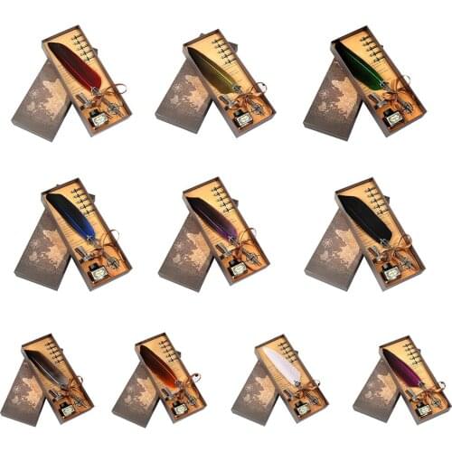 1set Retro Vintage Calligraphy Feather Dip Pen Writing Ink Set Office Stationery Quill Fountain Pen Office Birthday