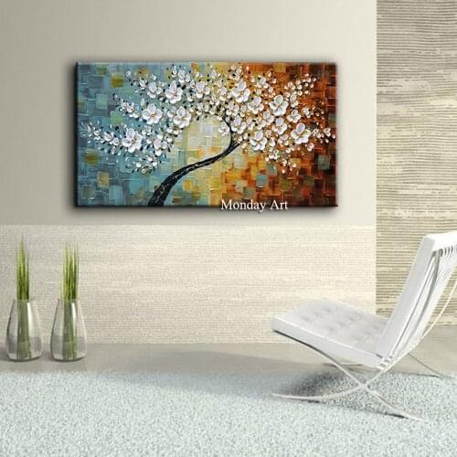 Hand Painted Modern White Tree Decoration Oil Painting On Canvas Handmade Landscape Wall Art Home Decor Painting Hang Pictures