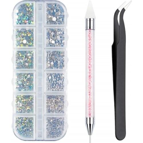12 Grids/Box AB Crystal Nail Rhinestone SS4-SS16 Diamond Stones Beads Flat Back Glitter Tips 3D Nails Art Decorations