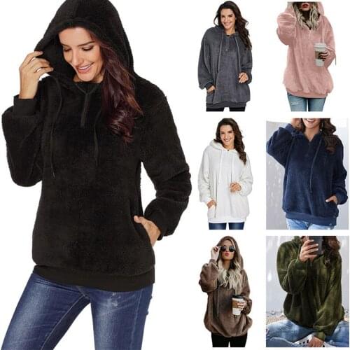Warm Furry Pullover Hoodie Winter Plush Sweater Plus Velvet Loose Long-sleeved Pullover Warm womens top Oversized Solid Hooded