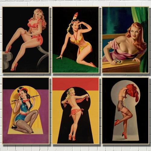 Pinup Girls Series 5 World War II Vintage Kraft Paper Classic Poster Bar Cafe Living Room Dining Wall Decorative Paintings