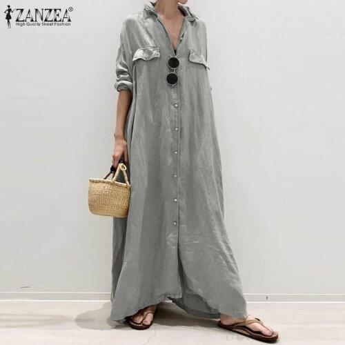 ZANZEA Vintage Solid Maxi Vestido Women Autumn Shirt Dress 2021 Fashion Long Sleeve Floor Dresses Robe Party Casual Loose Kaftan