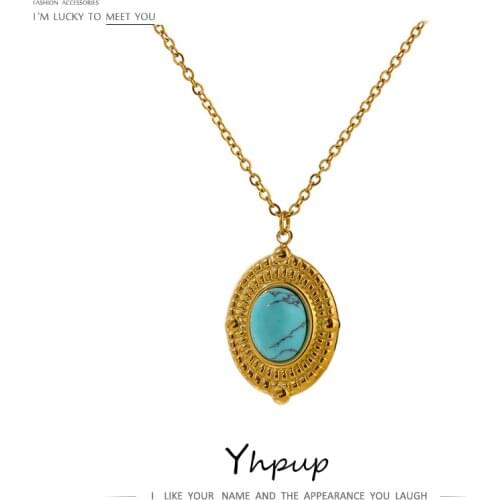 Yhpup Stylish Natural Stone Oval Pendant Necklace Jewelry High Quality Stainless Steel Metal Chain Choker Necklace Gift 2021