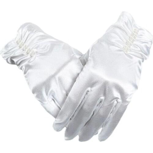 Women Summer Spandex Satin Pearl Folds Elastic UV Sunscreen Driving Sun Mitten Wedding Dress Short Full Finger Glove Female M75