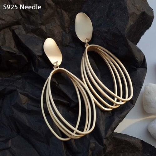 925 Sterling Silver Needle Long Dangle Earrings for Women Jewelry Oval Gold Metal Punk Rock Female Drop Earrings Bijoux