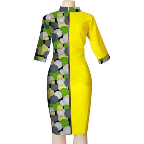2020 African fashion zipper dress stand collar women Ankara outfits yellow cotton match wax half sleeve patchwork dresses