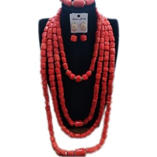 4UJewelry 4 Layers African Beads Original Coral Jewelry Set Luxury Nigerian Wedding Bridal Necklace Set 2019 Jewellery Set 2019