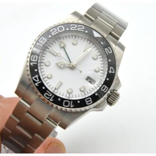 40mm White Dial Luminous Clock Mens GMT Automatic Watch Steel Case Oyster Strap Mechanical Mens Watch