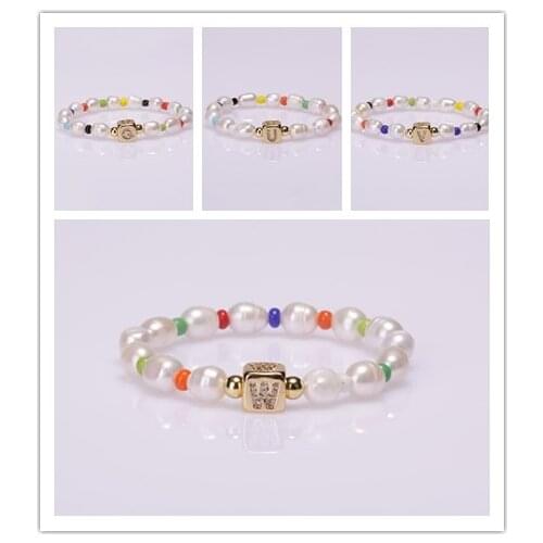 5pcs Unisex Couple Jewelry Boho Gold Initial Copper CZ 26 Alphabet Letter Name Natural Freshwater Pearl Rice Bead Charm Bracelet