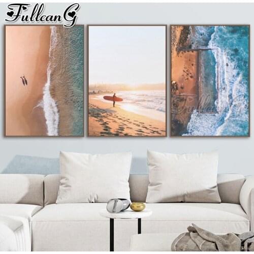 FULLCANG 5d diy diamond embroidery sale ocean wave landscape painting triptych full square round drill home decoration FC3494