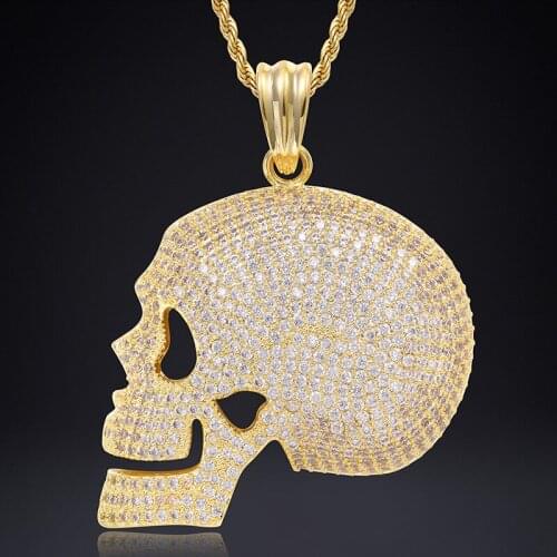 Shiny Iced Out Bling Pendant Necklace Hip Hop Jewelry Skull Necklace Gold Color Cubic Zircon Mens Women Gift