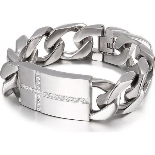 Heavy 20mm Curb Cuban Chain Bracelet for Men Silver Color 316L Stainless Steel Cross CZ Wristband Jewelry Gift