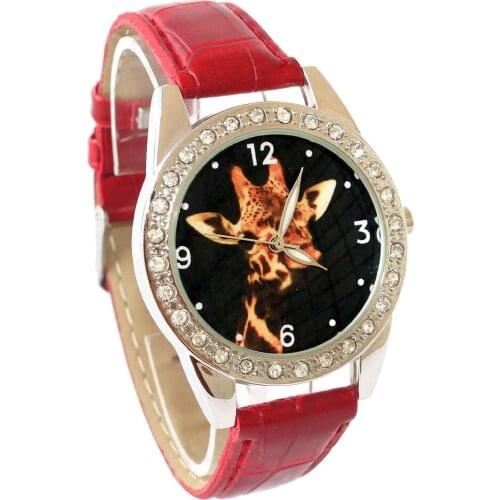 Brand New Giraffe Animal Black Leather Round Crystal Watch Student Gift L12