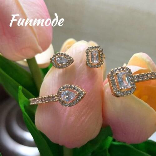 Funmode Luxury Water Drop Design CZ Pave Statement Bracelet Bangle Ring and Stud Earrings Women Fashion Jewelry Bijoux F004K